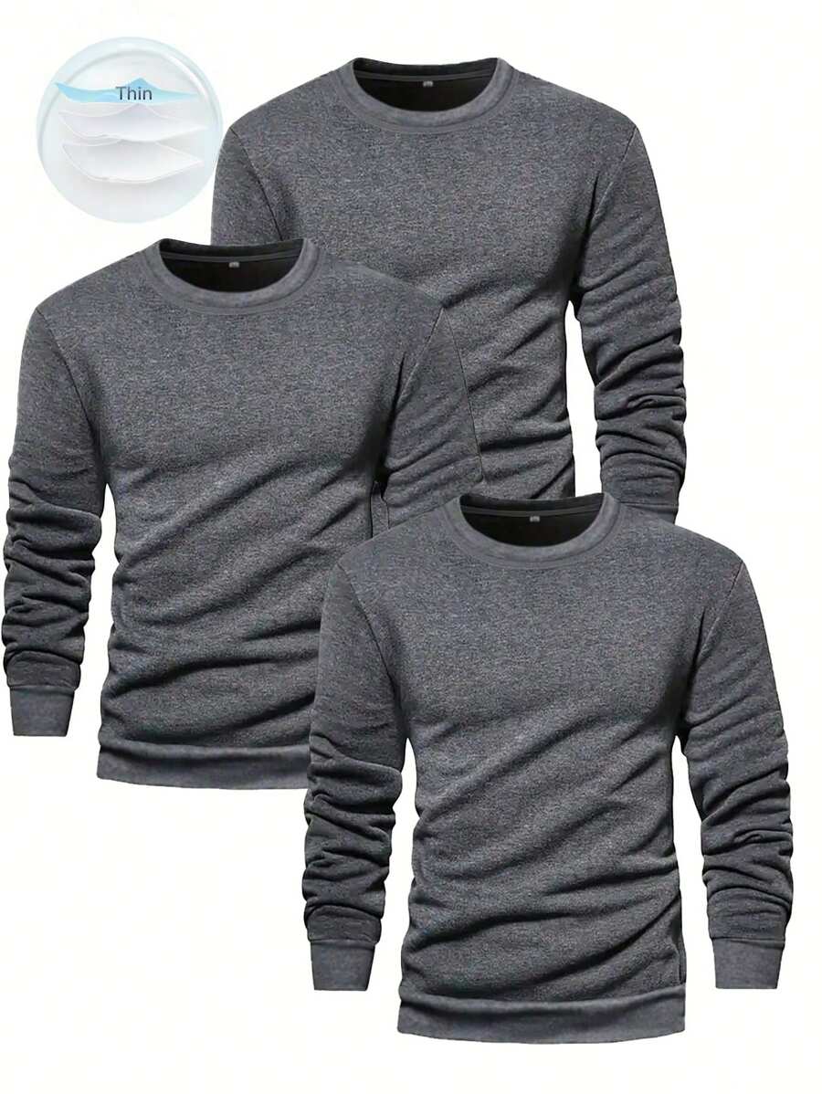 Manfinity Homme 3 sztuki/zestaw Jednokolorowe koszulki z okrągłym dekoltem i długim rękawem, swobodne i modne do codziennego noszenia