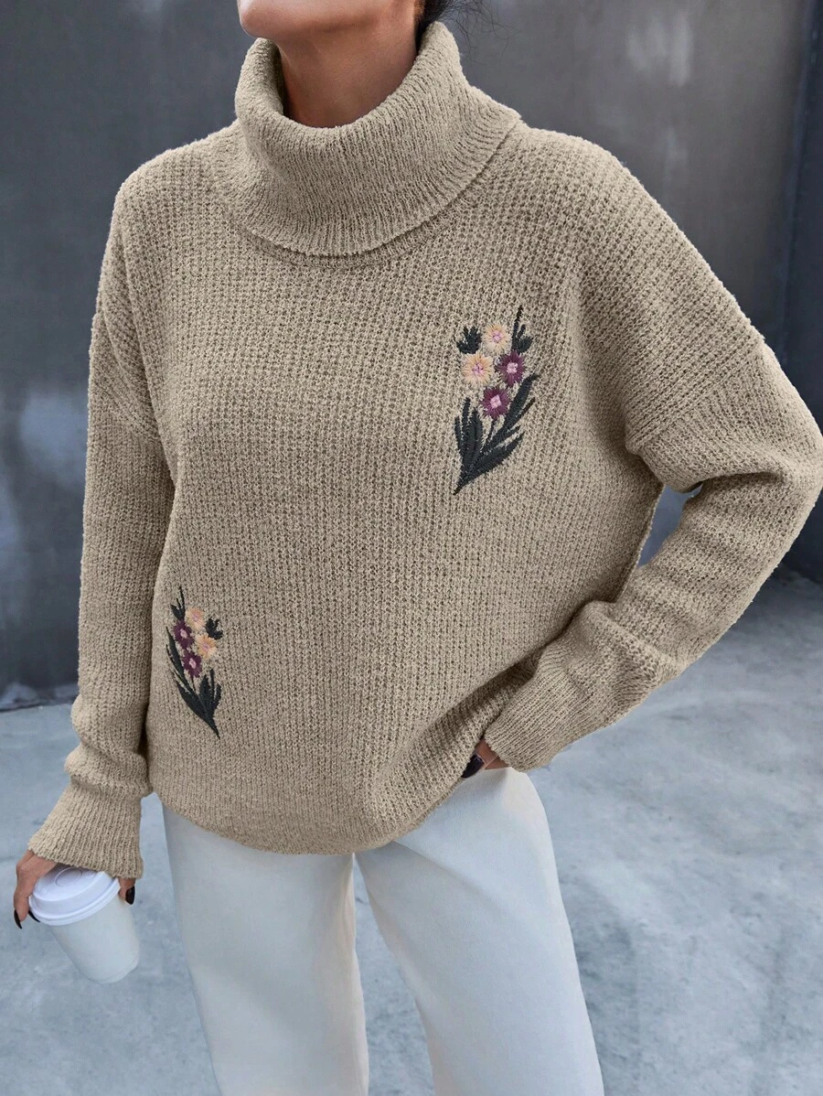 SHEIN Femmes Pull épais à col roulé avec détails brodés, épaules tombantes, couleur unie