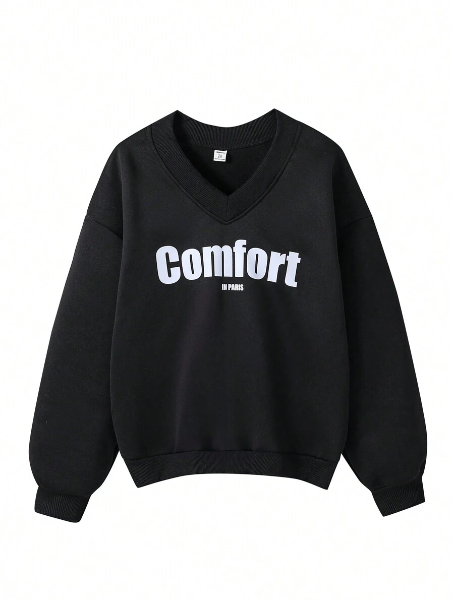 SHEIN Moletom casual para meninas adolescentes, cor sólida, estampa contrastante, ombro caído, decote em V, ajuste solto, quente