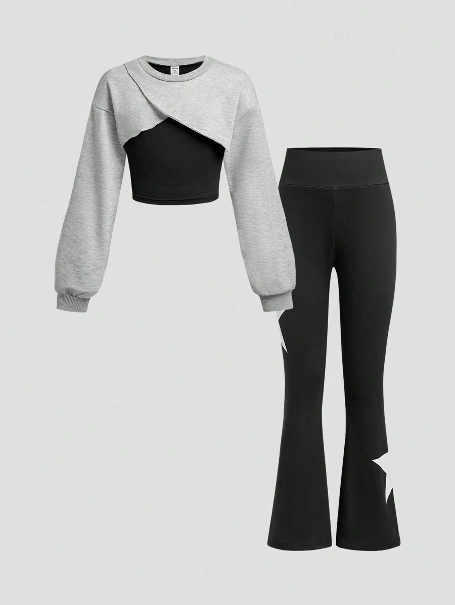 SHEIN Lunivi Set de 2 piezas de niña preadolescente con sudadera de punto y pantalones acampanados, con patrón bordado de estrellas, estilo informal y de Y2K, para otoño/invierno/primavera