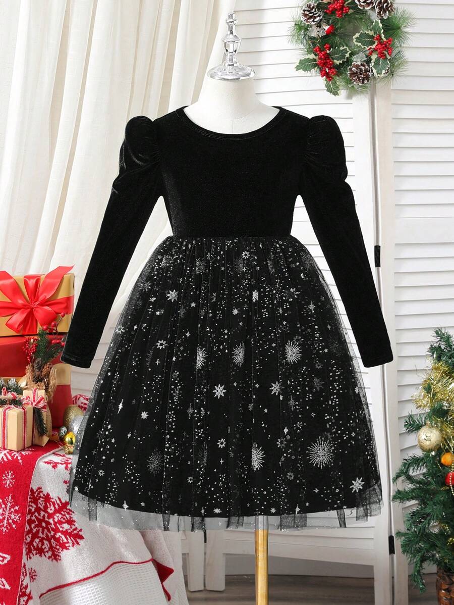 Vestido de fiesta de princesa con mangas de farol de malla y estampado de estrellas de terciopelo para niña preadolescente