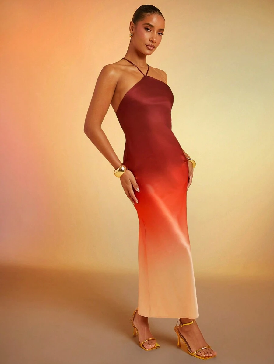 Hauture Ombre Satin Strappy Halter Backless Dress