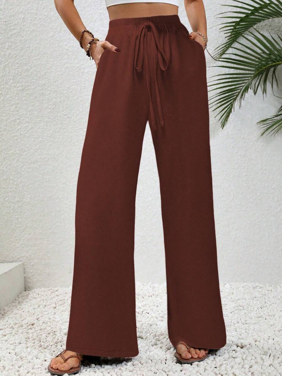 SHEIN LUNE Women's Solid Color Drawstring Pocket Casual Pants, Versatile