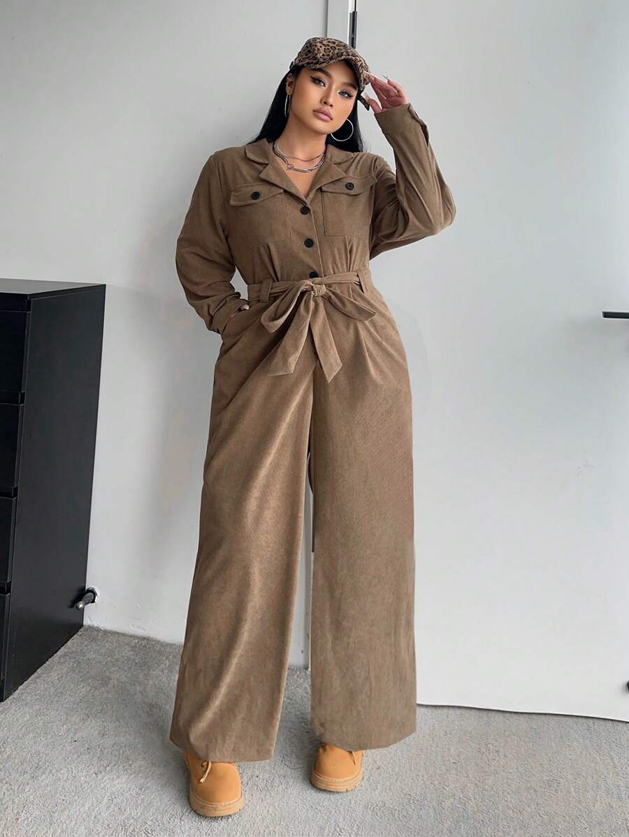POPSWAY Plus Size Fashionable Casual Jumpsuit, Khaki, Suitable For Commuting, Back To School, Casual Everyday Wear, Cinched Waist Design