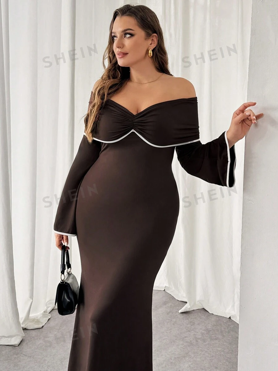 SHEIN Privé Vestidos de manga larga para mujer de talla grande, vestidos elegantes, vestidos hombros descubiertos, vestidos de cola de pez, vestido de Año Nuevo