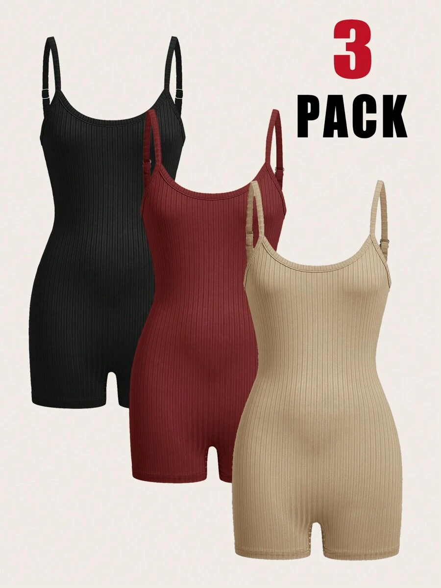 SHEIN EZwear 3pcs Women's Solid Color Skinny Strap Rompers