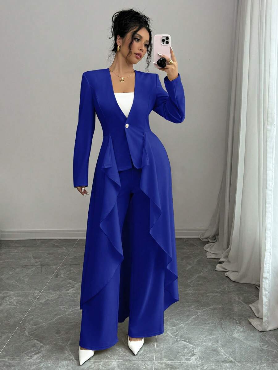 Elenzga Women's Waist Tailored Suit With Ruffled Hem, Elegant & Romantic