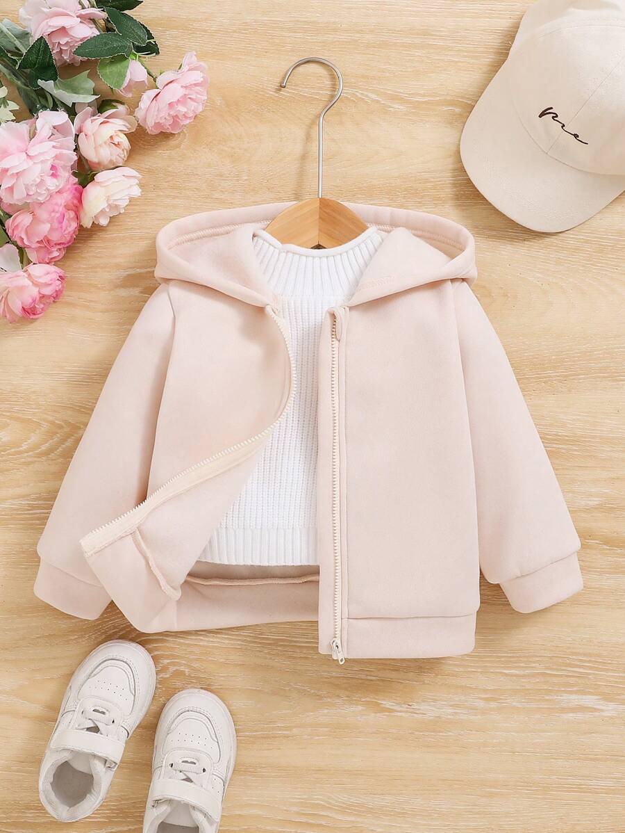 Veste à capuche zippée en polaire de couleur unie pour bébé fille, convient pour l'automne/l'hiver