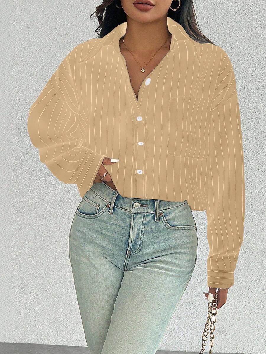 Chiquease Casual Versatile Fashion Long Sleeve Single Pocket Turndown Collar Buttons Striped Women Shirt, Random Floral Pattern
