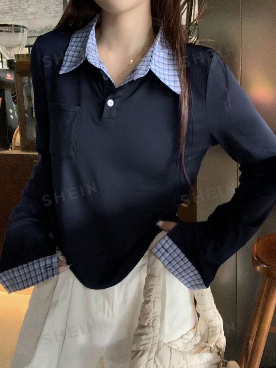 DAZY Camiseta de manga larga tipo polo para mujer en unicolor