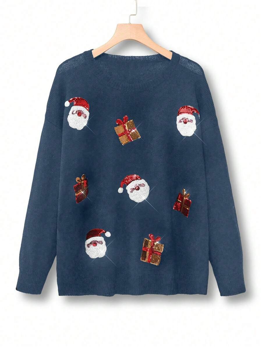 SHEIN LUNE Plus Size Women's Solid Color Knit Crew Neck Christmas Themed Beaded Decor Long Sleeve Casual Pullover Sweater