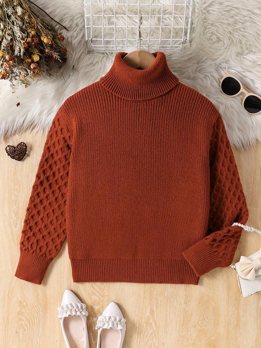 SHEIN Groene coltrui voor meisjes, losse pullover, mode voor woon-werkverkeer, elegante tienermeisjes, dikke gebreide splittrui met lange mouwen