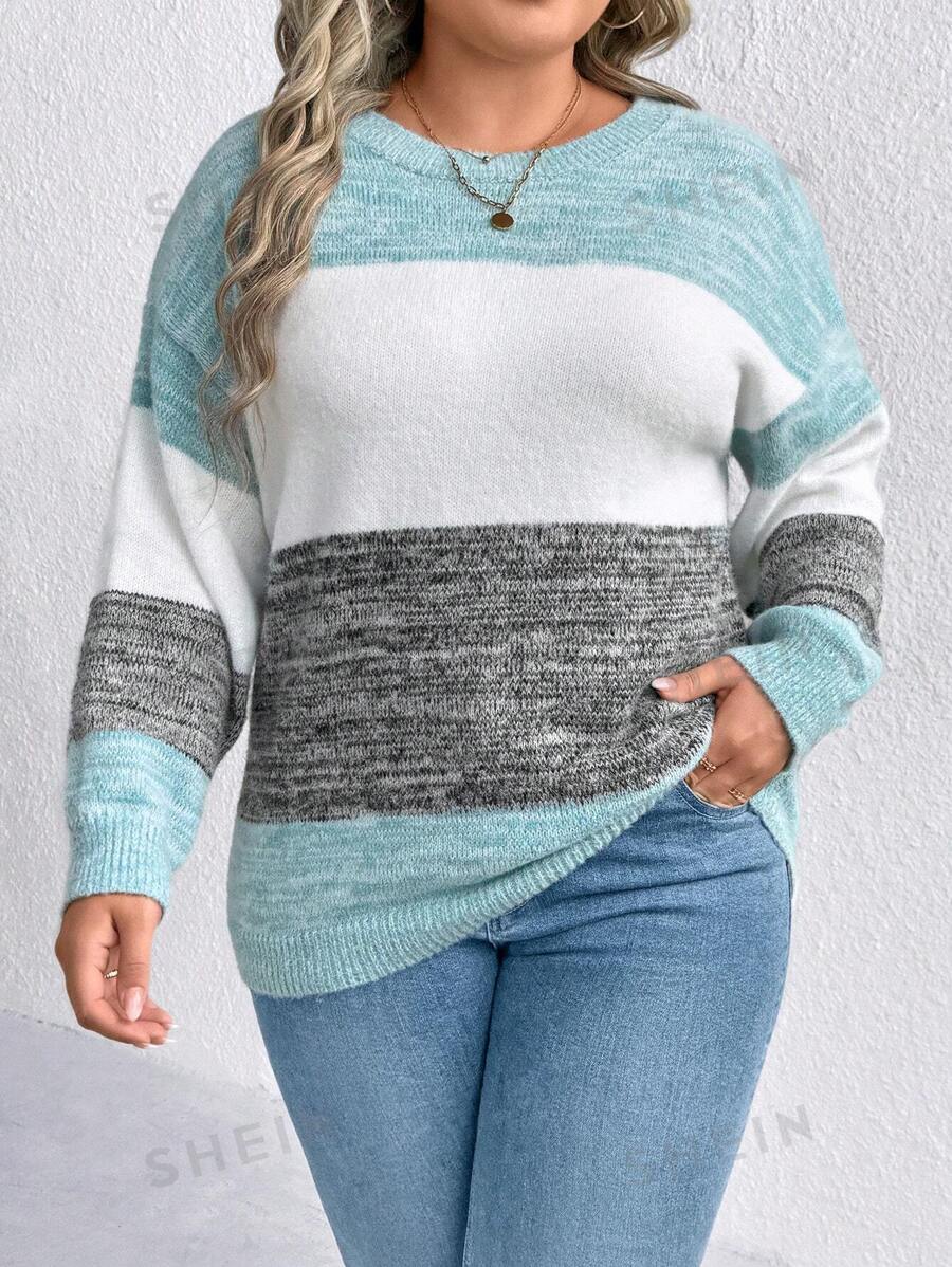SHEIN CURVE+ Blusa de punto de cuello redondo con mangas largas, con bloques de color y rayas, tallas grandes, para invierno