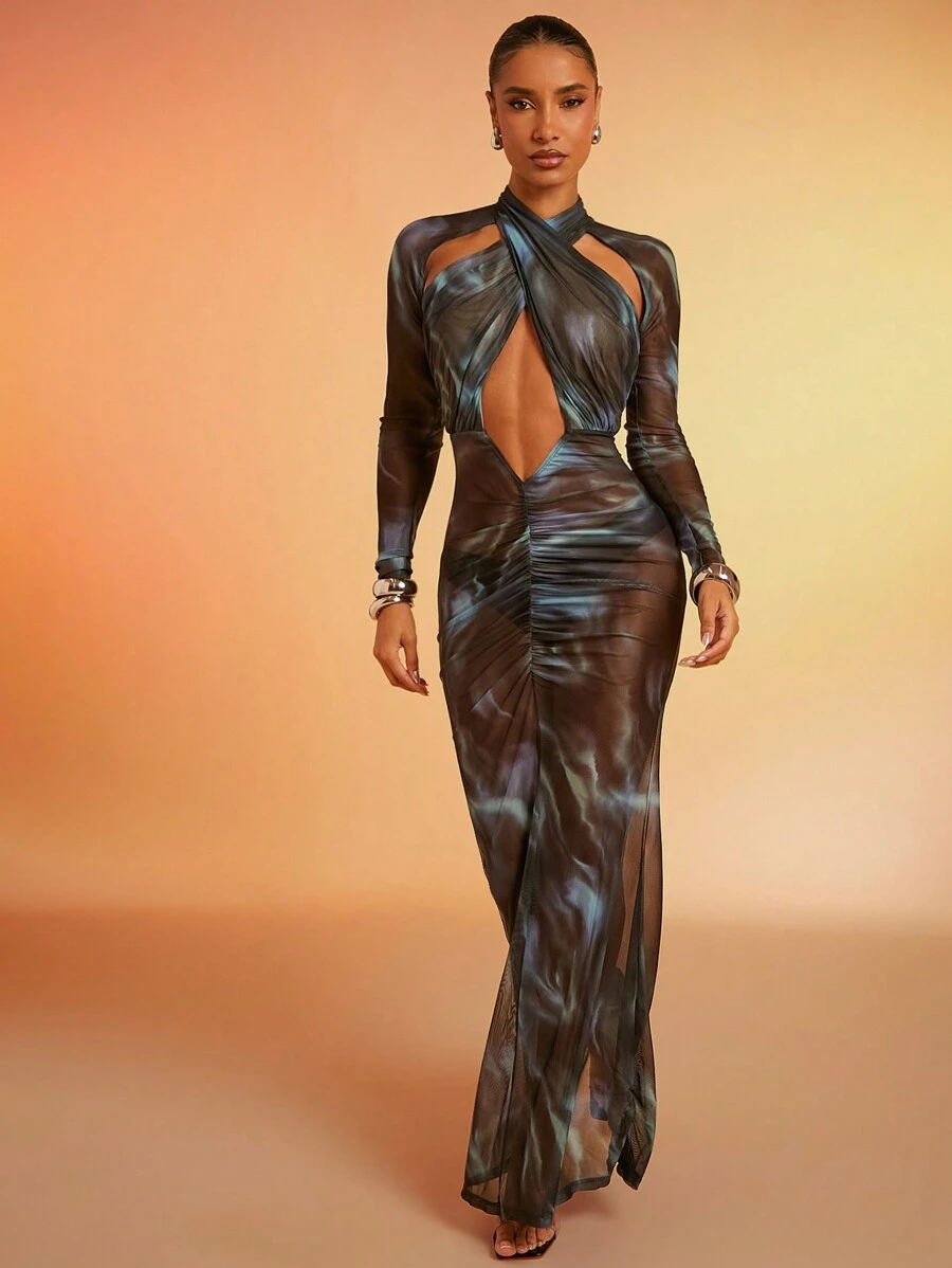 SHEIN Unity Sheer Mesh Cross Over Front Cut Out Sexy Dress