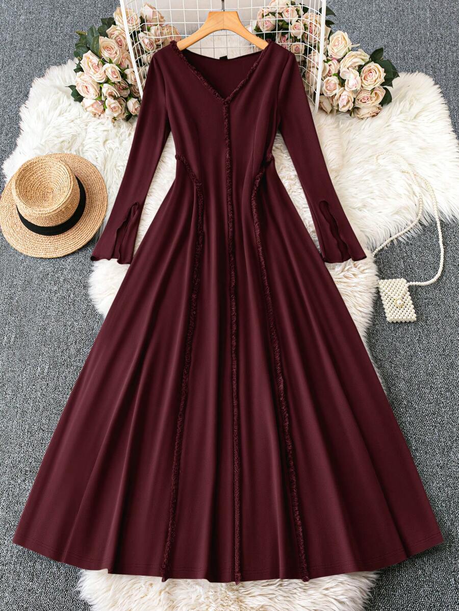 Mulvari Vestido largo holgado de manga larga con panel floral plisado estilo árabe para mujer, vestido modesto perfecto para la playa/informal/vacaciones/uso en casa/uso diario, vestido largo elegante color vino tinto
