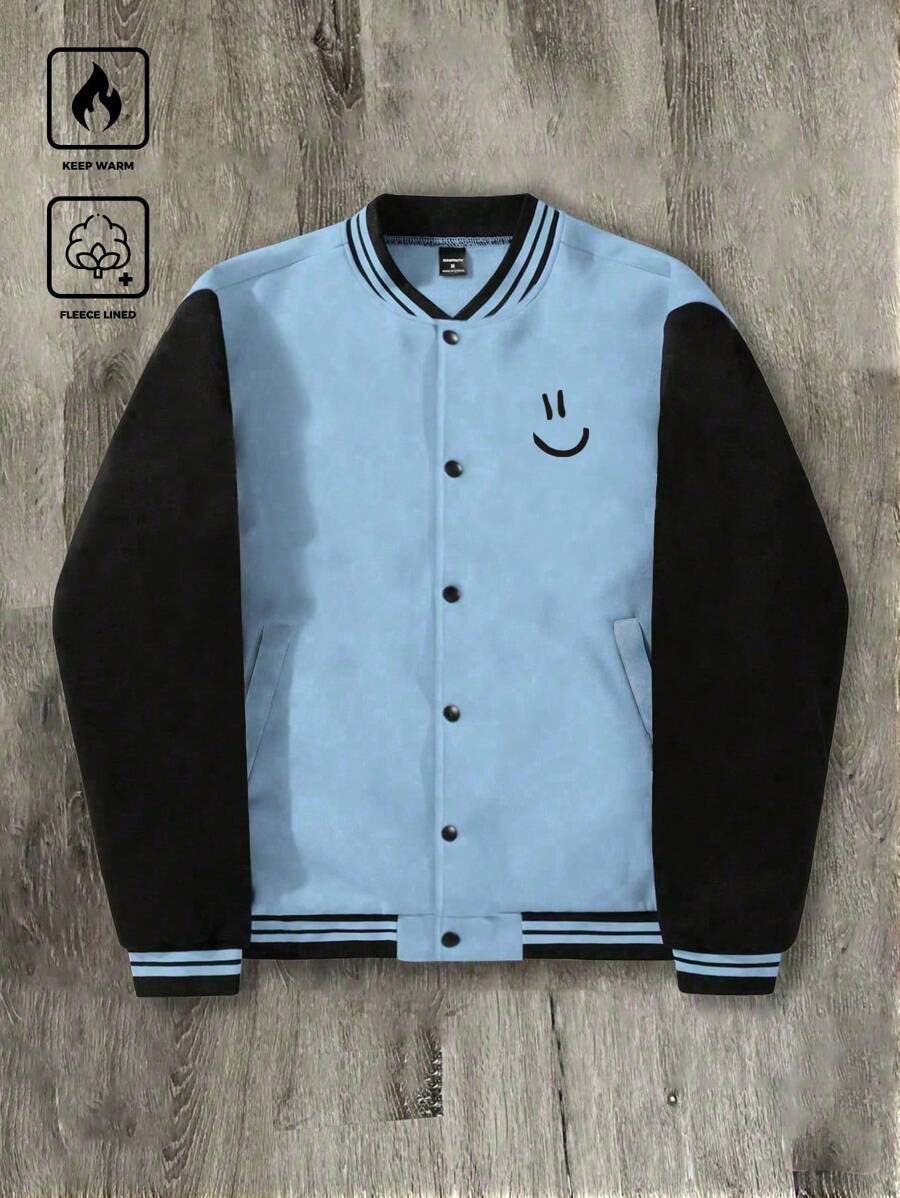Manfinity Hypemode Chaqueta universitaria de ajuste holgado para hombre, de 1 pieza, con estampado de expresión y bloques de color en los hombros