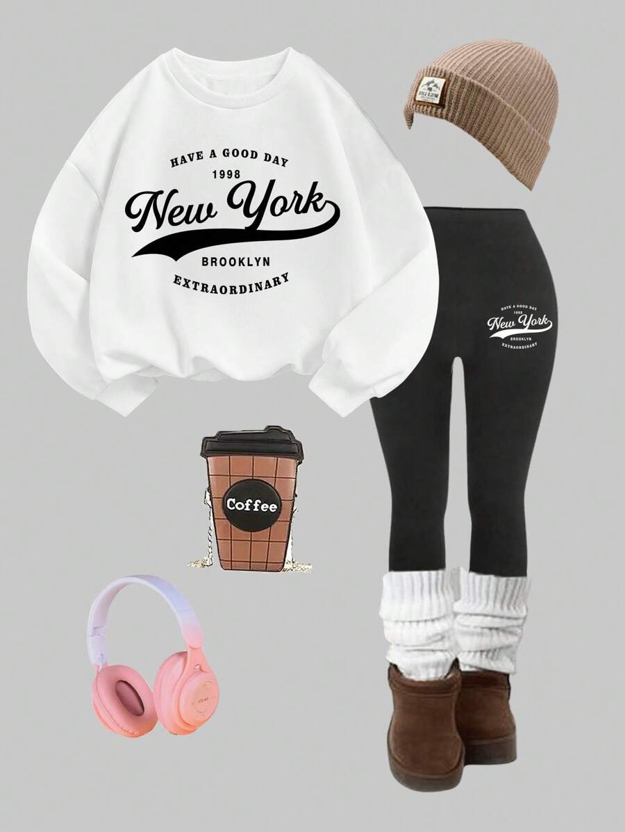 SHEIN Set de 2 piezas de sudadera con estampado de letras y pantalones con gráfico de dibujos animados para niñas, estilo minimalista casual, apto para otoño/invierno