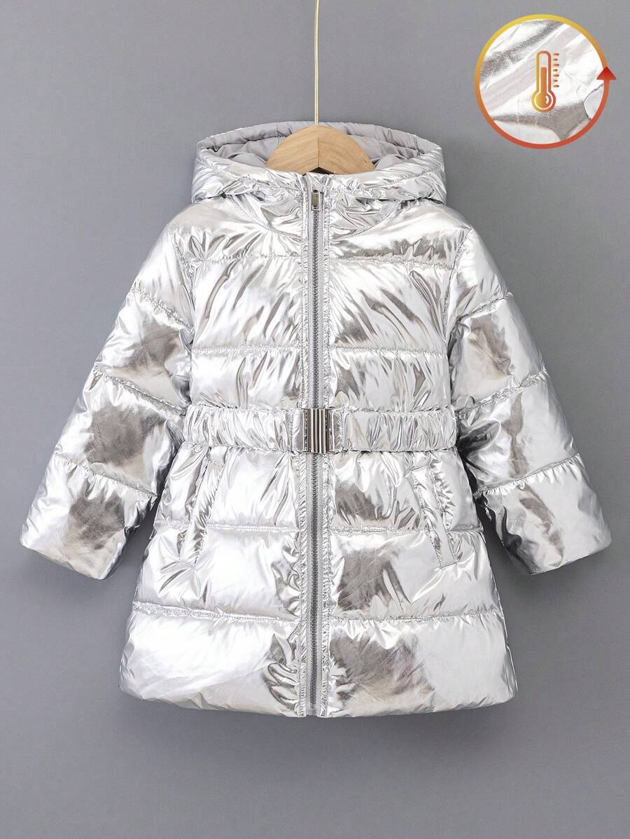 SHEIN Abrigo acolchado con capucha y cinturón, de longitud media, con acabado brillante de patente para niñas