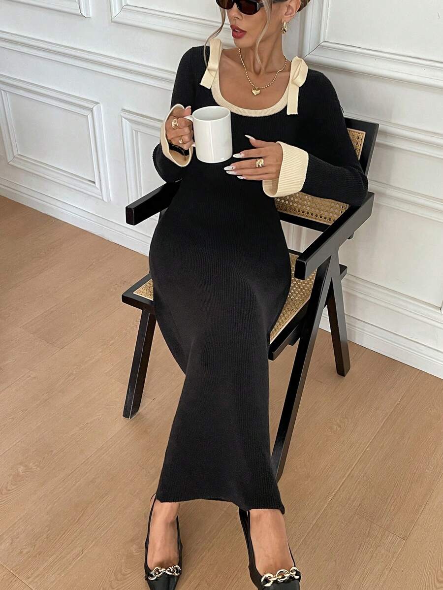 SHEIN Frenchy Women' Color Block Trim Knot Bowknot Detailed Elegant Black Long Sleeve Sweater Dress,Elegant Women Dresses,French Clashing Bowknot Black Square Neck Long Sleeve Sweater Dresses,Fall Women Dresses