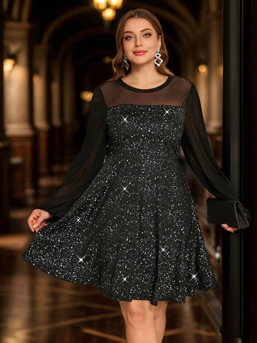 SHEIN Clasi Curvy Plus Size Women's Stretch Mesh Spliced Round Neck Long Sleeve Hot Silver Shiny Elegant A-Hem Short Dress, Suitable For Autumn And Winter, Party Dress, Going Out,Christmas,Christmas Party Outfit,Xmas Dress ,Holiday Party Dress,New Years Outfit