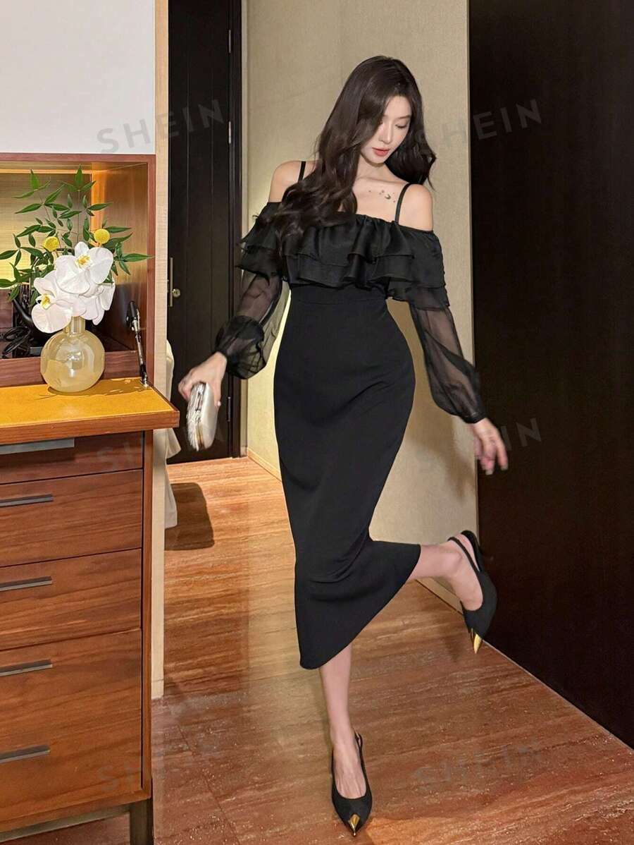 DAZY Vestido largo de malla para mujer para primavera/verano, vestido de cóctel elegante con volantes para el Día de San Valentín