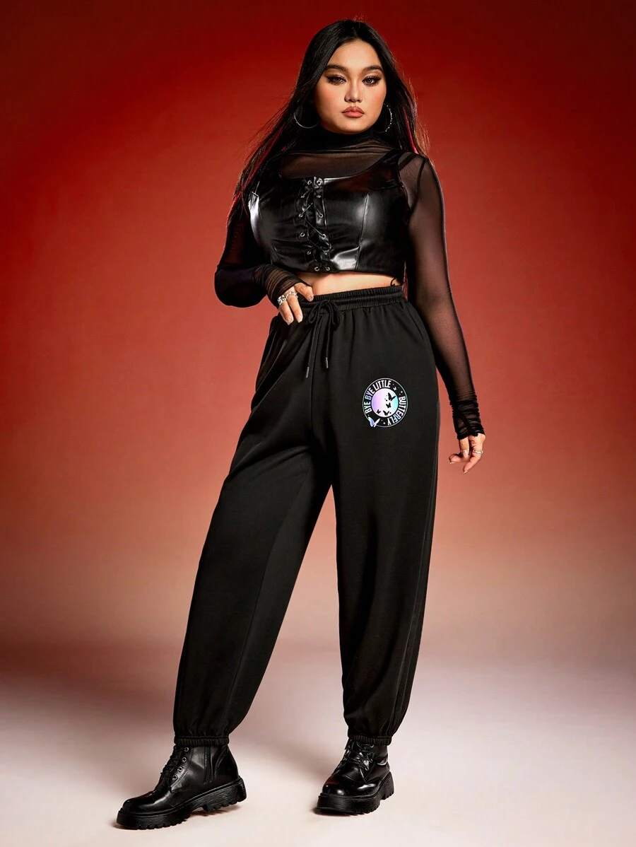 Miraculous Ladybug X SHEIN Pantalones versátiles de talla grande con cintura con cordón, estampado de mariposa y efecto tie-dye en color negro