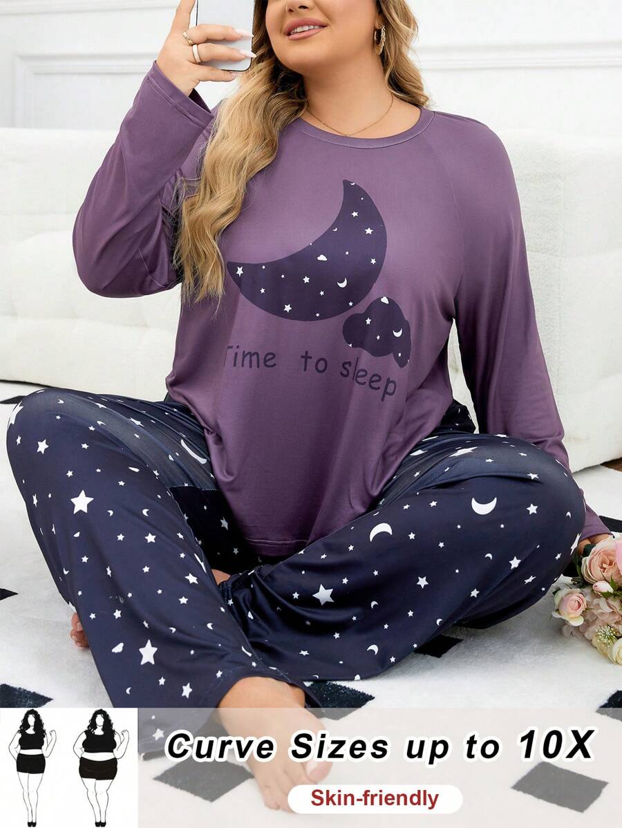 SHEIN CURVE+ Conjunto de talla grande con estampado de letras - Top y pantalones