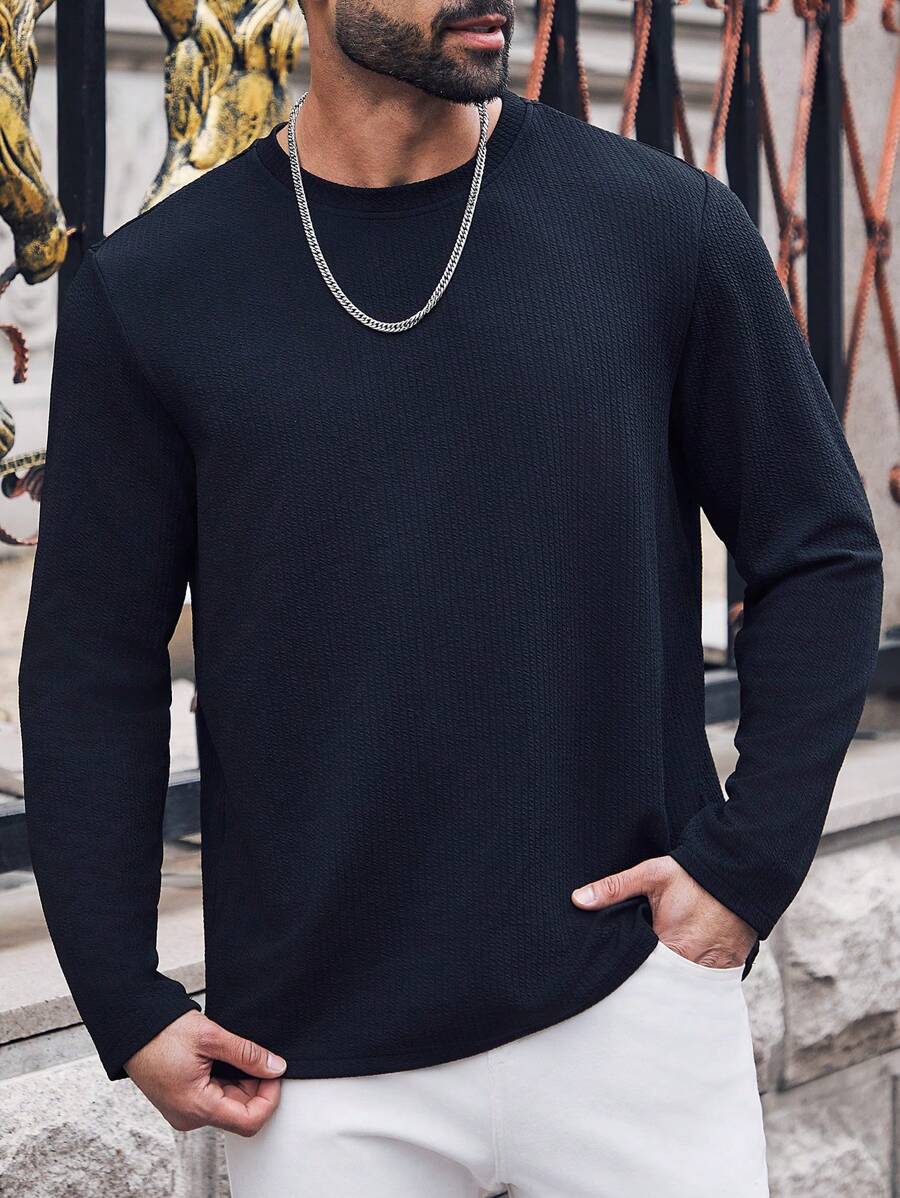 Manfinity Homme Camiseta casual de manga larga de cuello redondo de unicolor para hombres de talla grande