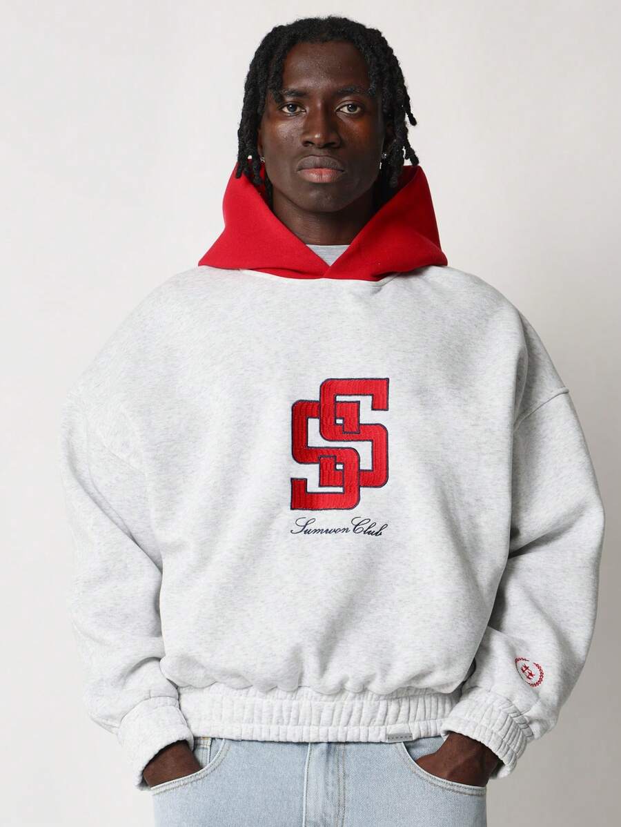 SUMWON Club Athletic Varsity Embroidered Hoodie Streetwear Pullover With Red Logo Drawstring Winter Autumn Sport College Style Relaxed Fit Premium Sweatshirt