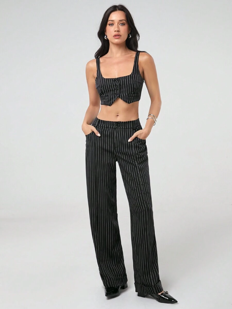 SHEIN EZwear Women's Casual Black Stripe Crop Top And Pants Set