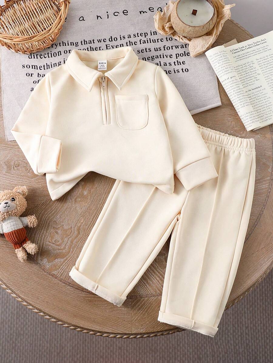 SHEIN Vintaside Kids 2 stuks Babymeisjes Casual Top met lange mouwen + Khaki broekset, geschikt voor buitenreizen of binnenrecreatie