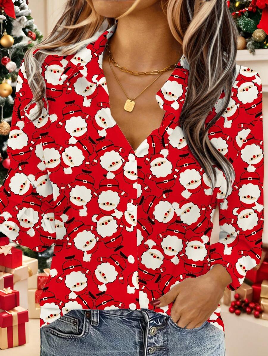 EMERY ROSE Women's Red Christmas Santa Claus Pattern Button Down Long Sleeve Shirt, Suitable For Autumn/Winter