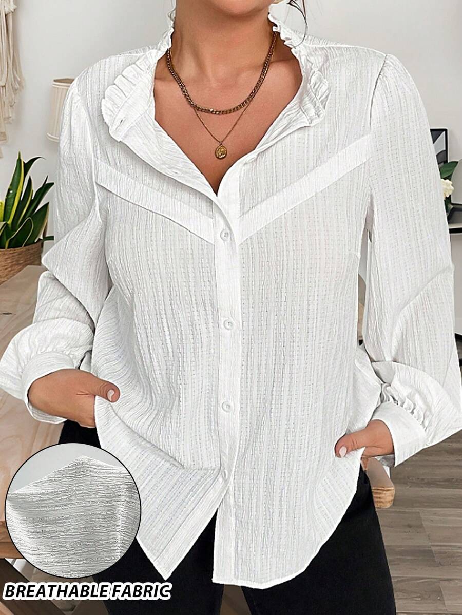 Celure Camisa informal con botones y volantes de manga larga en unicolor para mujer talla grande