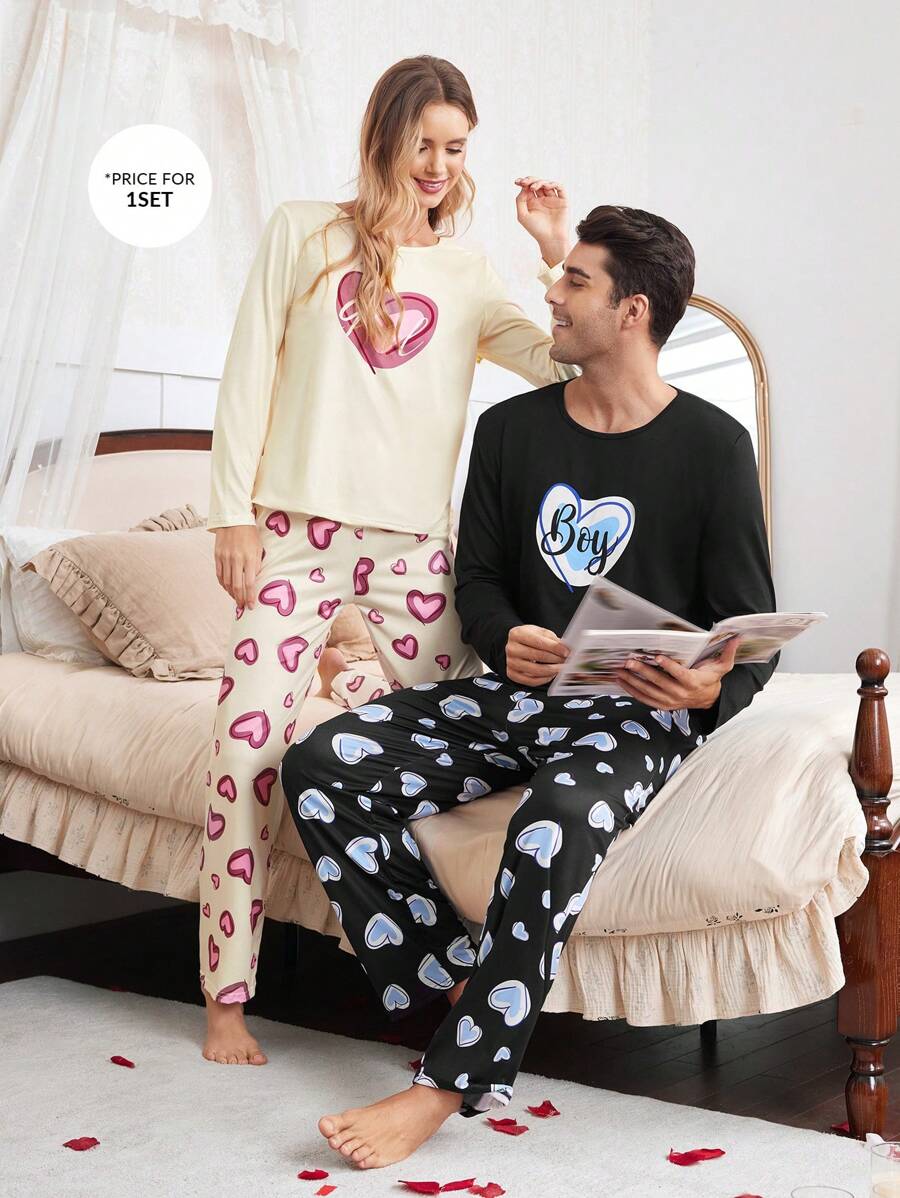 Manfinity Conjunto de pijama para hombres con estampado de letras y corazones de manga larga