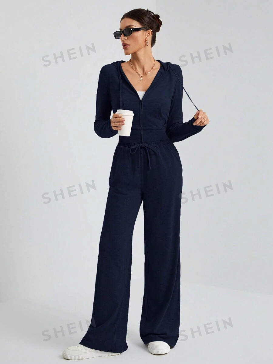 SHEIN Tall Conjunto informal de dos piezas con top gris con capucha y cremallera al frente ajustado + pantalón de pierna ancha