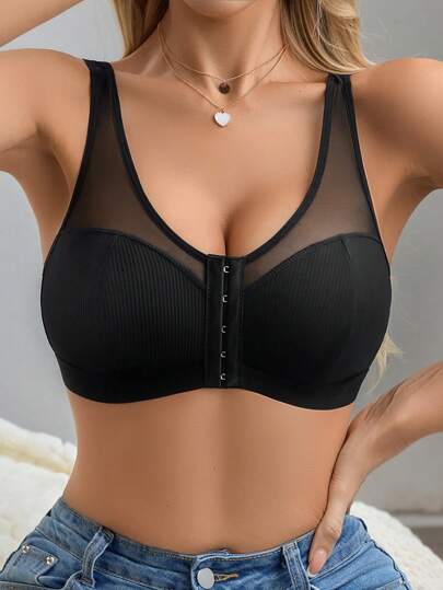 1pc Casual Minimalist Seamless Bra With Adjustable Wide Straps & Metal Rings, Front Closure, Wire-Free, Nylon For Women