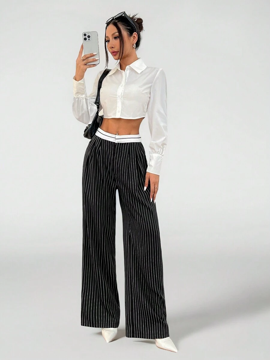 SHEIN PETITE Spliced Waistband Yarn-Dyed Striped Suit Trousers