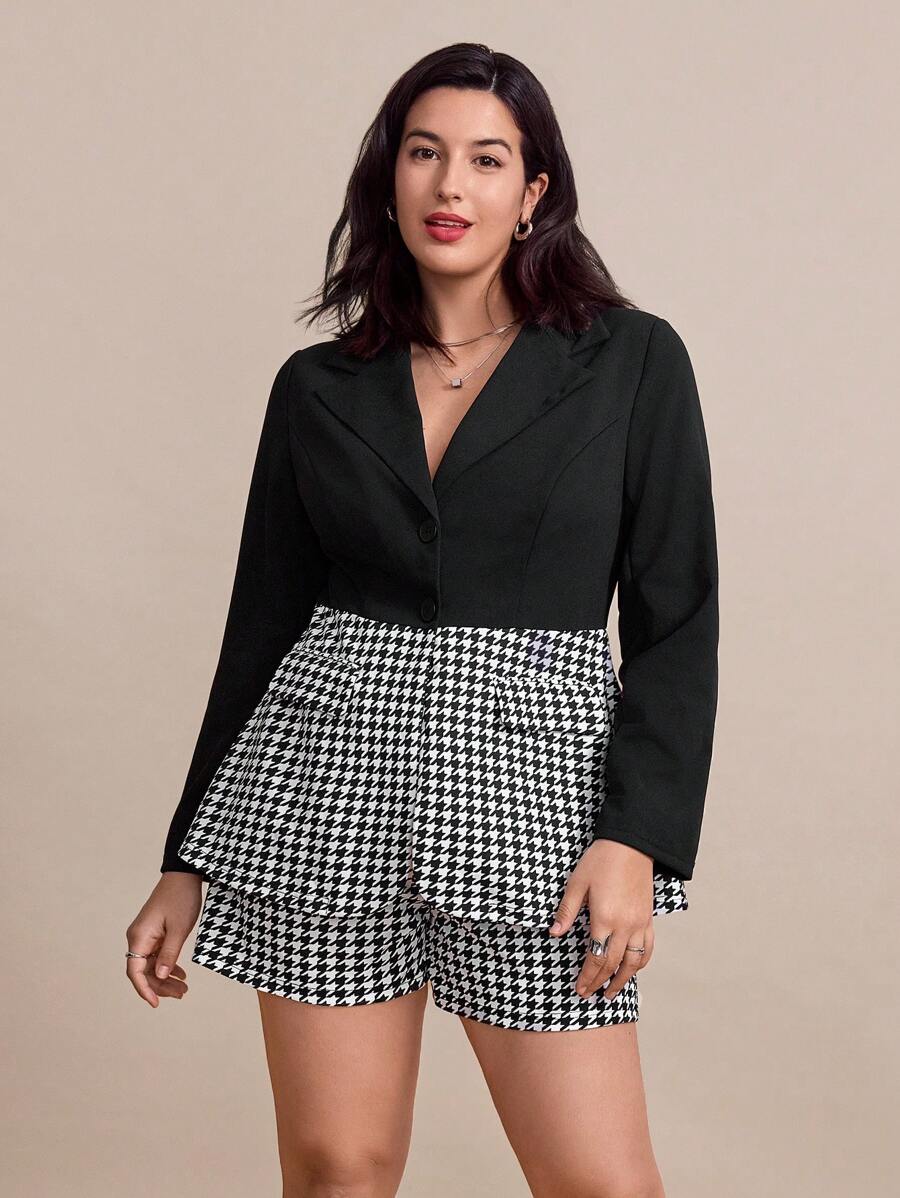 SHEIN Clasi Plus Size Herringbone Pattern Blazer & Matching Shorts Set, Autumn/Winter