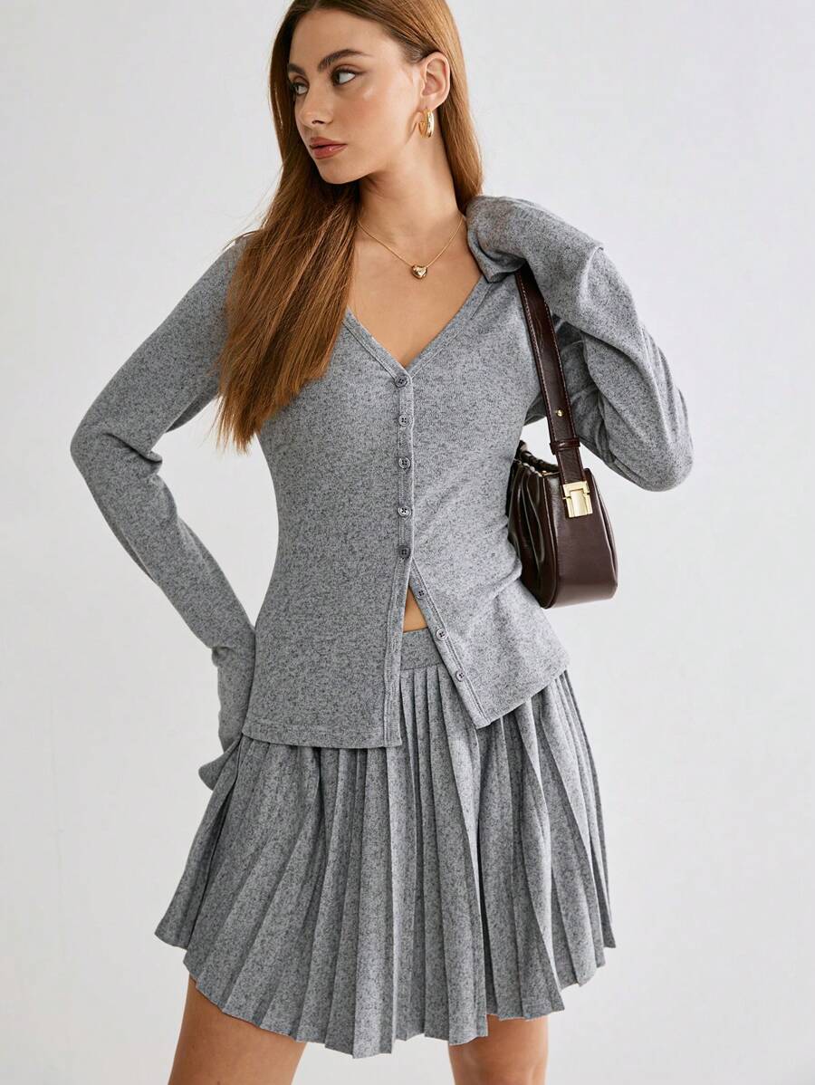 Enchnt Winter Romantic Plain V Collar Long Sleeve Single-Breasted Casual T-Shirt And Pleated Mini Skirt 2 Pieces Set, For Christmas Party&Romantic Dinner Dates, Daily Wear