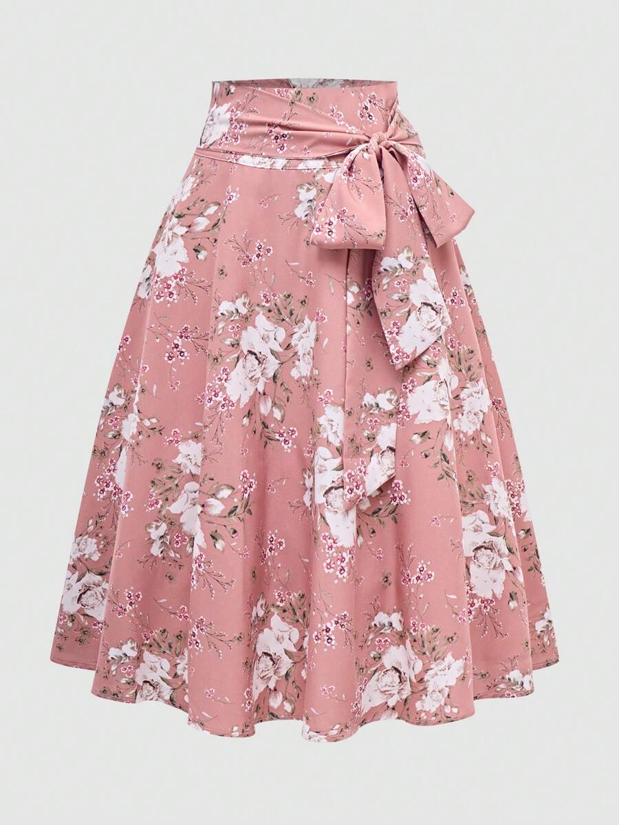 Sweetra Women's Floral Print Tie Waist Mid-Length Elegant A-Line Skirt
