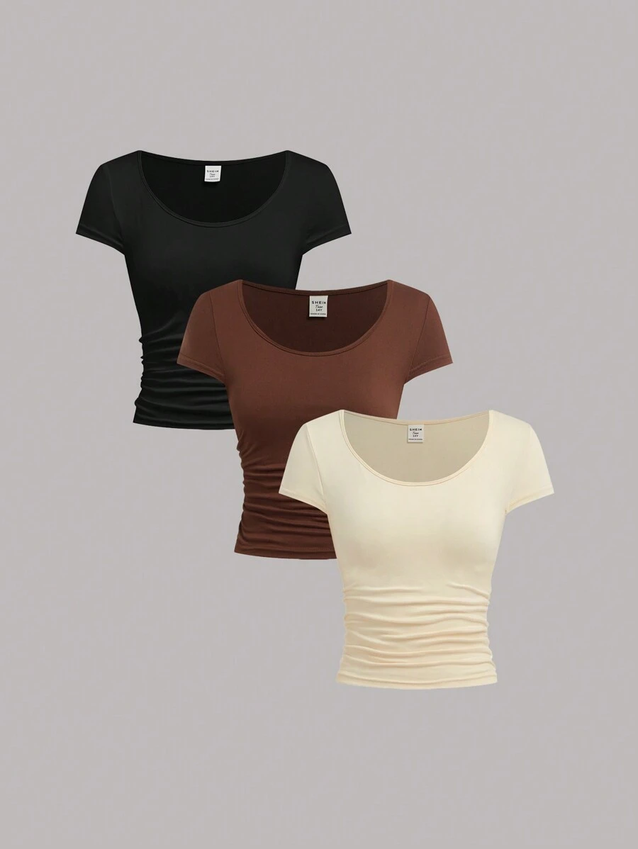 SHEIN WESTFADE Young Vielseitiges Lässig Urban Monochrom Enges T-Shirt Set für Teenager Mädchen (3 Farben: Schwarz, Weiß, Grau)