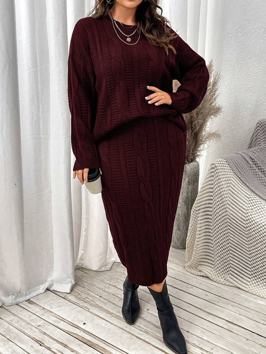 Calvaya Plus Size Solid Color Long Sleeve Loose Fit Pullover Sweater & Skirt Set