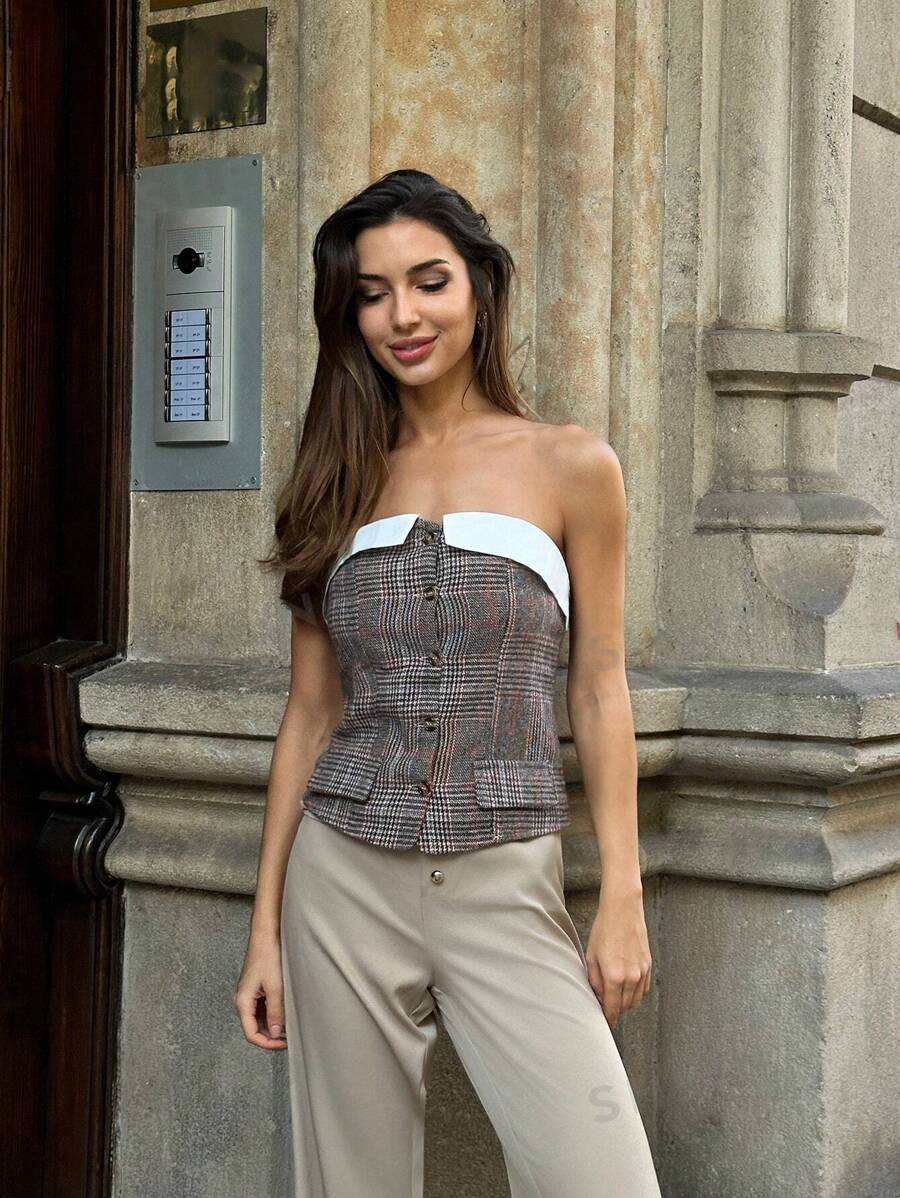 Calvaya Camiseta gráfica de mujer con parte superior en estilo camiseta de tirantes de patchwork a cuadros en estilo francés
