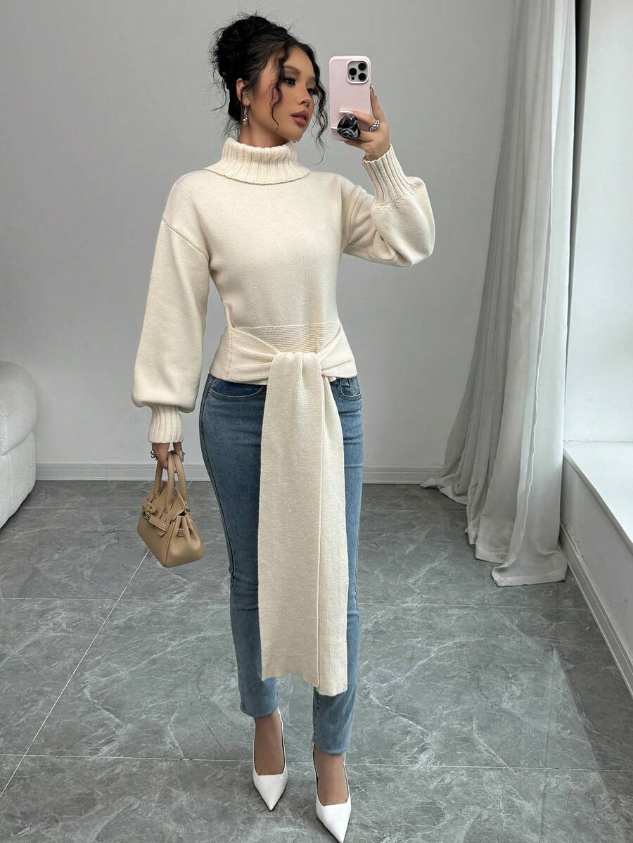 Elenzga Women's Solid Color High Neck Long Sleeve Bowknot Casual Pullover Sweater