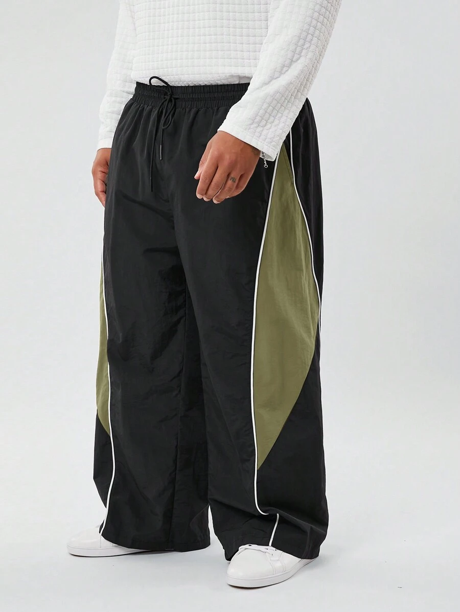 Manfinity NXTstreet Pantalones rectos de talle medio con cordón, de talla grande para hombres, con parches tejidos