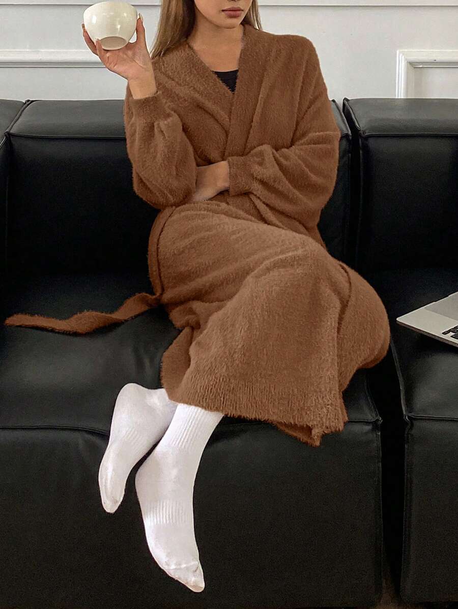 DAZY Lange gebreide mantel van imitatienertsbont, casual losse nachtkleding