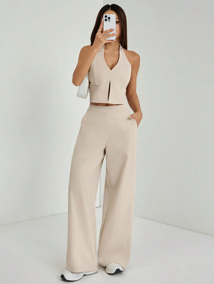 SHEIN PETITE Spring/Summer Office Lady V-Neck Sleeveless Top With Open Back & Wide Leg Pants, Slimming And Lengthening Outfit For Streetwear