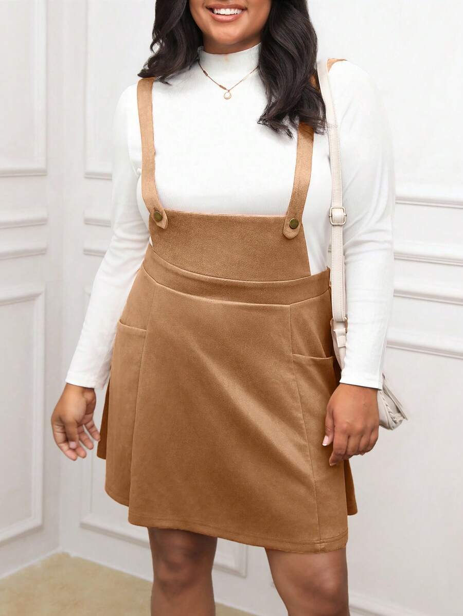 SHEIN LUNE Suede-Like Long Sleeve Dress With Metal Button & Overall Straps, Versatile Plus Size Long Sleeve Dress Winter Dresses For Women Thanksgiving Outfit Women New Years Women Outfit Winter Dresses Winter Clothes Women Rave Outfits Winter Dresses For Women Winter Outfits For Women