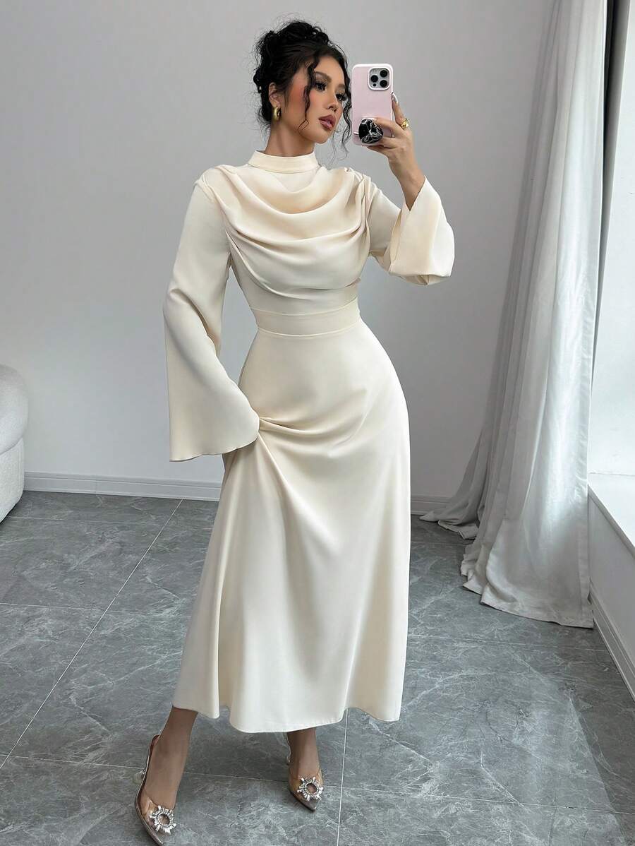 Elenzga Women's Stand Collar Pleated Long Sleeve Solid Color Mid-Length Dress Maxi Women Outfit