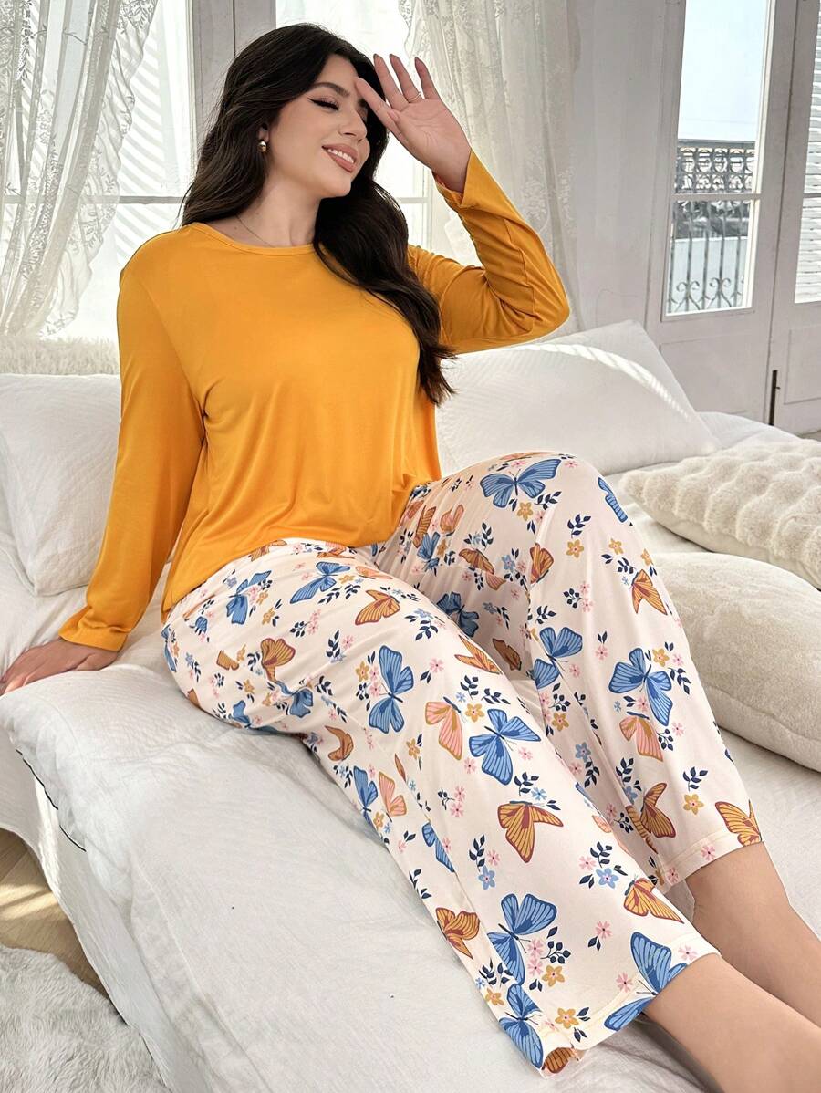 Solid Color Long Sleeve Shirt And Butterfly Print Long Pants Pajama Set